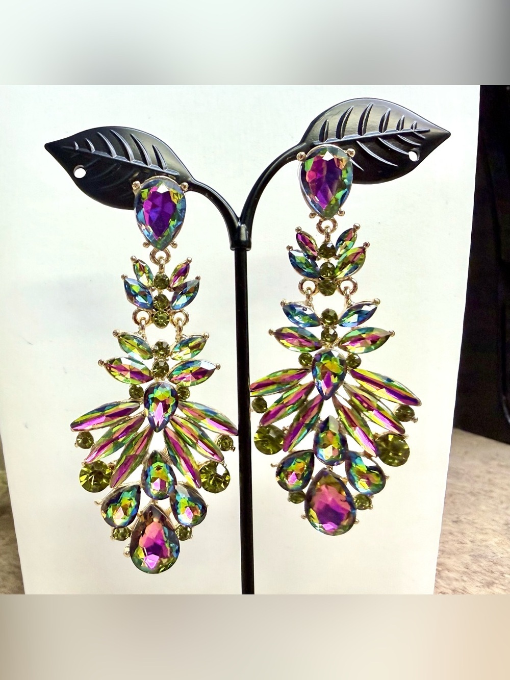 Aurora Borealis iridescent crystals chandelier earrings. - Picture 2 of 4